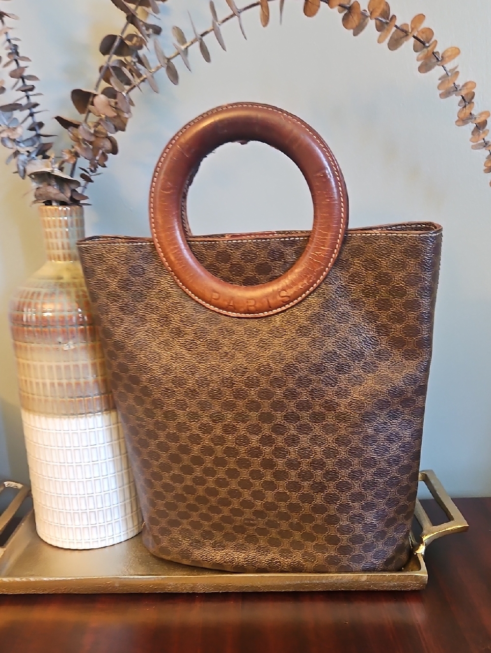 Authentic Celine Brown Patterned Tote Bag with Circular Handles